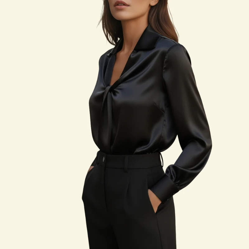 Damen Langarmbluse mit Kragen und drapiertem Frontdetail