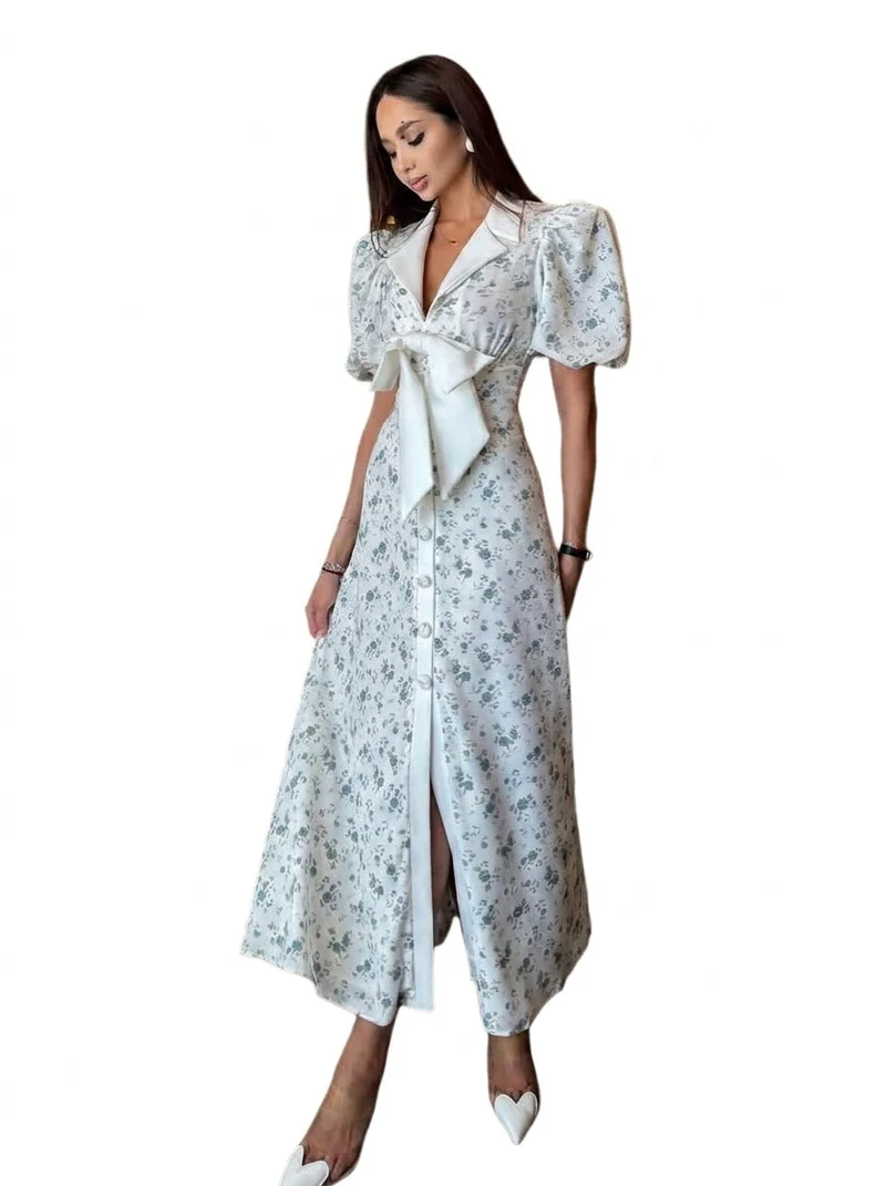 Damen Midikleid mit Blumenmuster, Puffärmeln und Taillenschleife