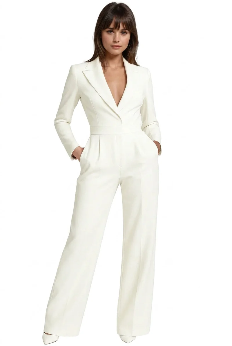 Damen-Jumpsuit mit langen Ärmeln, Reverskragen und weitem Bein