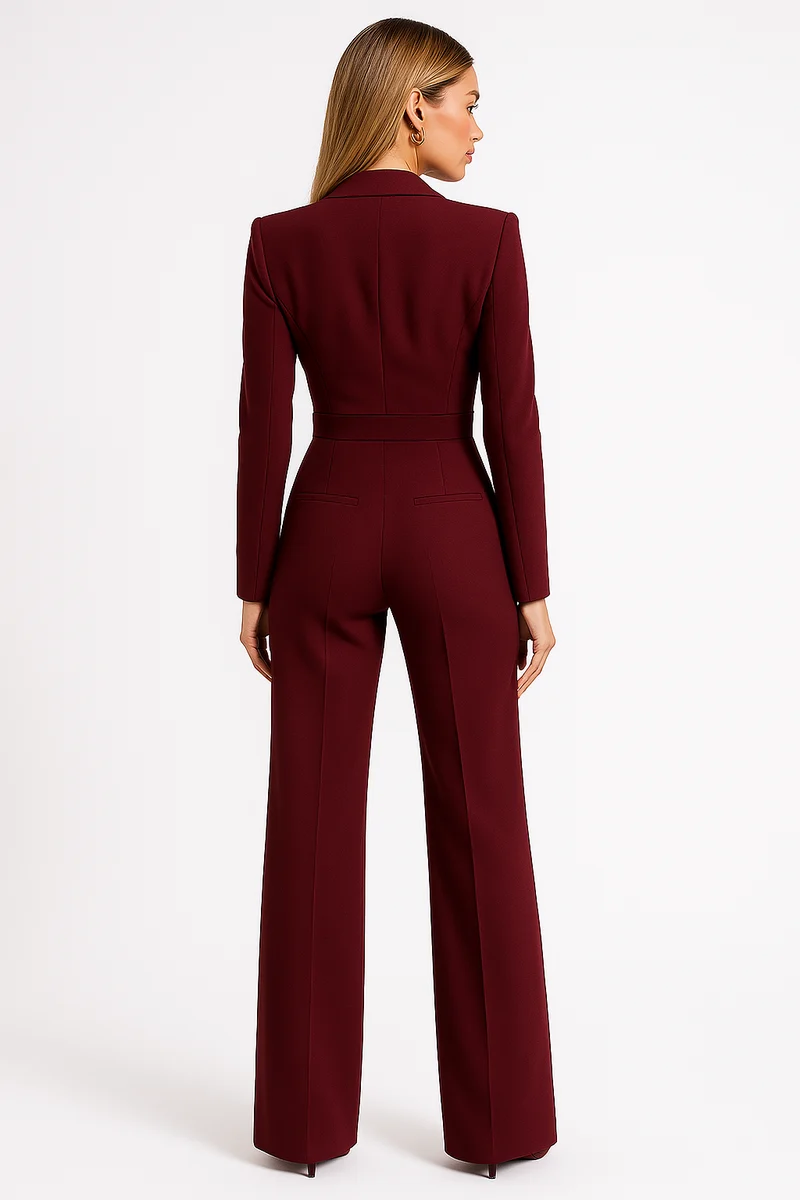 Damen-Jumpsuit mit langen Ärmeln, Reverskragen und weitem Bein