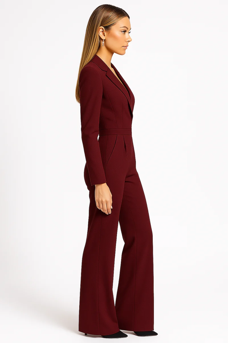 Damen-Jumpsuit mit langen Ärmeln, Reverskragen und weitem Bein