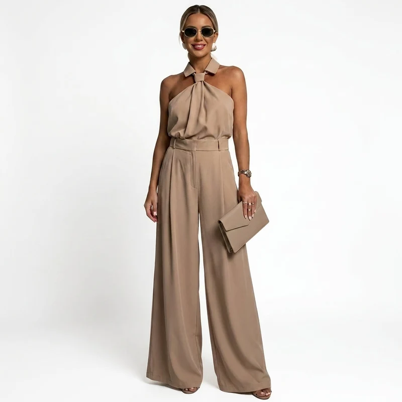 Damen-Jumpsuit mit Neckholder-Kragen, Knotendetail und weitem Bein