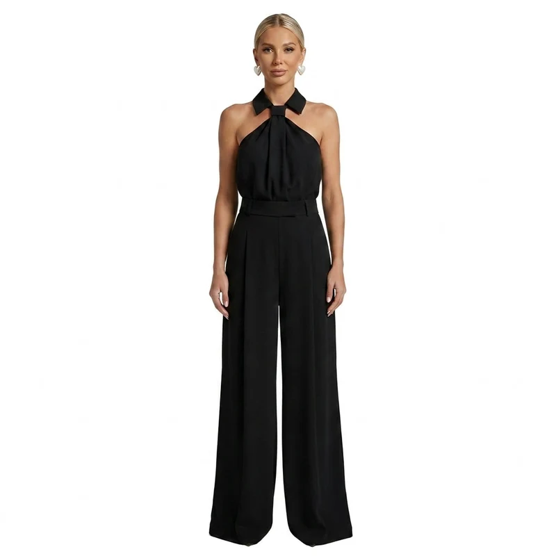 Damen-Jumpsuit mit Neckholder-Kragen, Knotendetail und weitem Bein