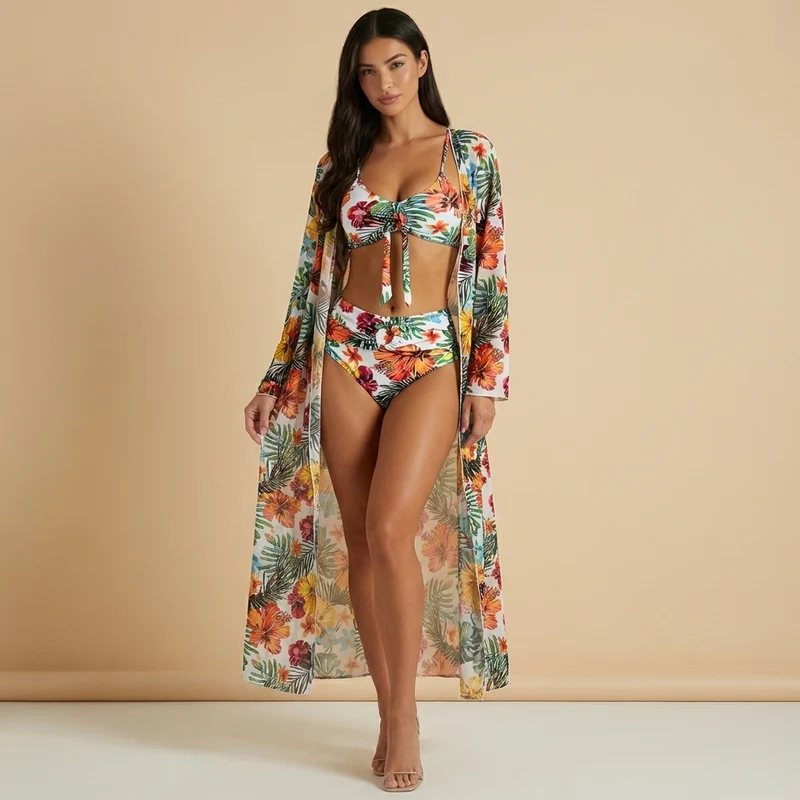 Damen-Bikini-Set mit Bindedetail, High-Waist-Hose und langem Überwurf