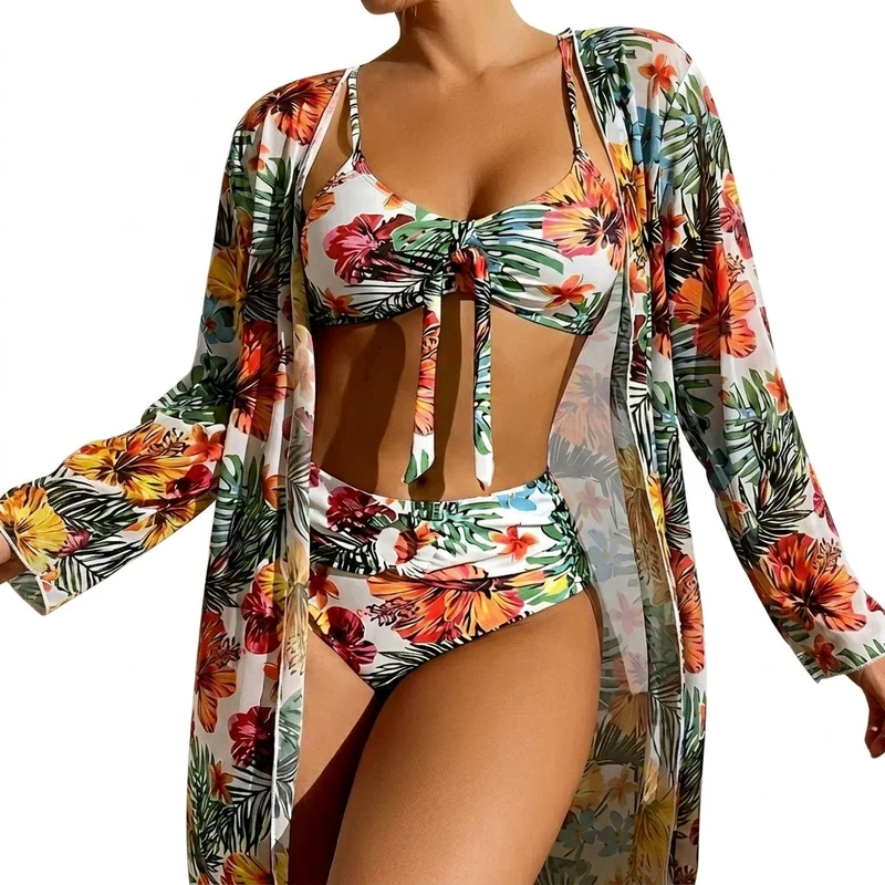 Damen-Bikini-Set mit Bindedetail, High-Waist-Hose und langem Überwurf