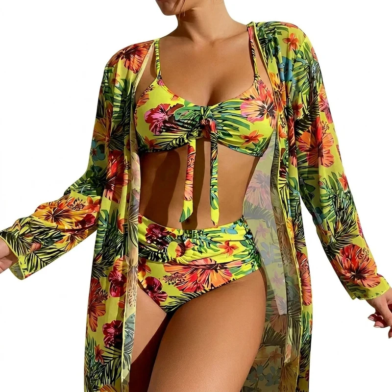 Damen-Bikini-Set mit Bindedetail, High-Waist-Hose und langem Überwurf
