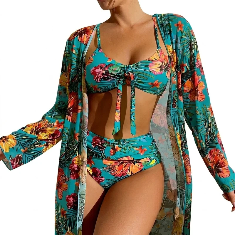 Damen-Bikini-Set mit Bindedetail, High-Waist-Hose und langem Überwurf