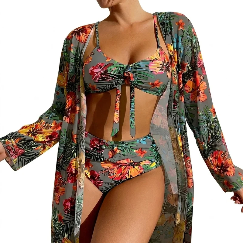 Damen-Bikini-Set mit Bindedetail, High-Waist-Hose und langem Überwurf