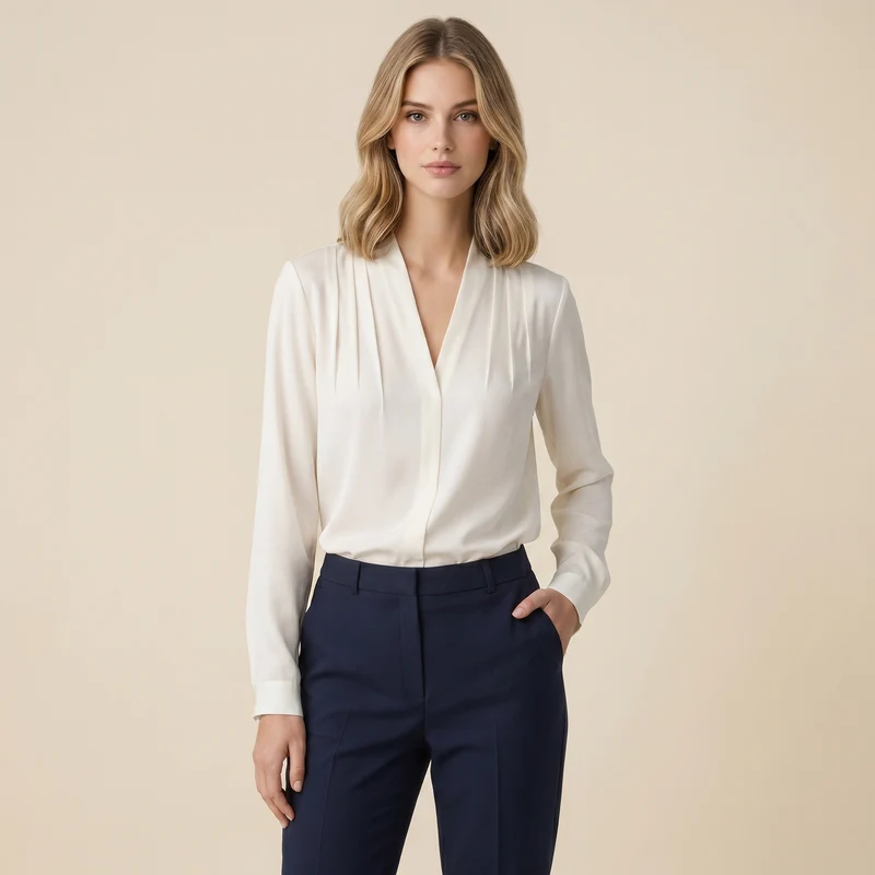 Damen-Bluse mit V-Ausschnitt, Falten-Details und Knopfmanschetten