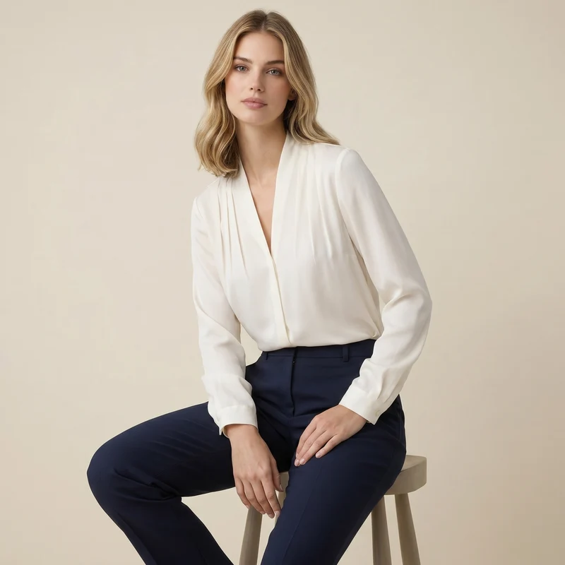 Damen-Bluse mit V-Ausschnitt, Falten-Details und Knopfmanschetten