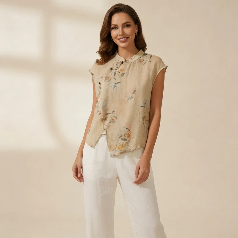 Damen leinen-Bluse mit Stehkragen, asymmetrischer Knopfleiste und floralem Muster