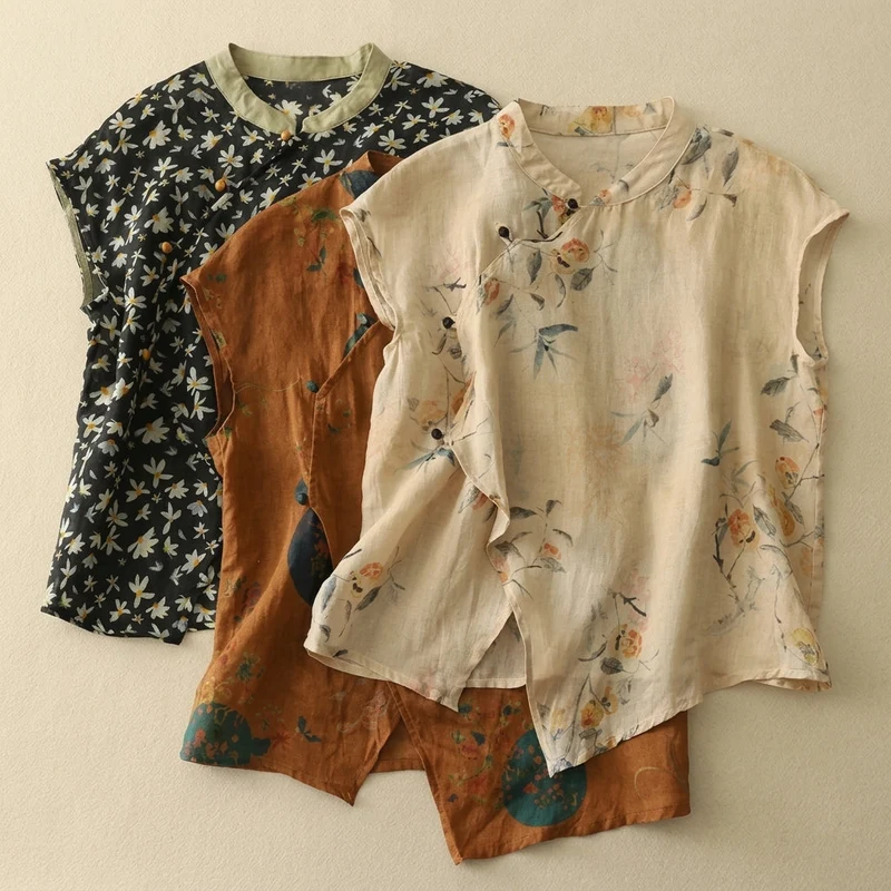 Damen leinen-Bluse mit Stehkragen, asymmetrischer Knopfleiste und floralem Muster
