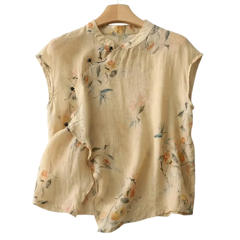 Damen leinen-Bluse mit Stehkragen, asymmetrischer Knopfleiste und floralem Muster