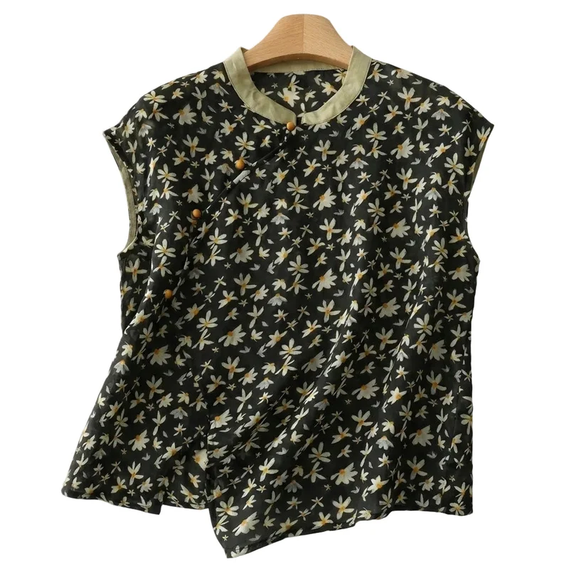 Damen leinen-Bluse mit Stehkragen, asymmetrischer Knopfleiste und floralem Muster