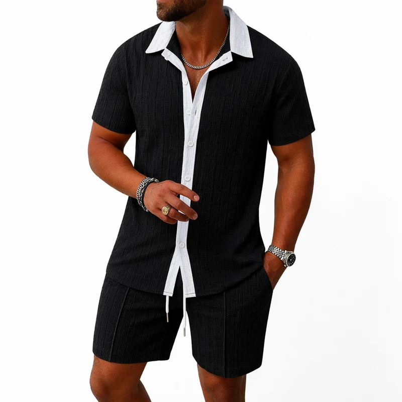 Herren Set mit Kurzarmhemd mit Kragen und Knopfleiste sowie Shorts mit elastischem Bund und Kordelzug