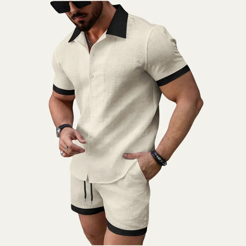 Herren zweiteiliges Set mit Kurzarmhemd mit Knopfleiste und Shorts mit elastischem Bund und Kordelzug