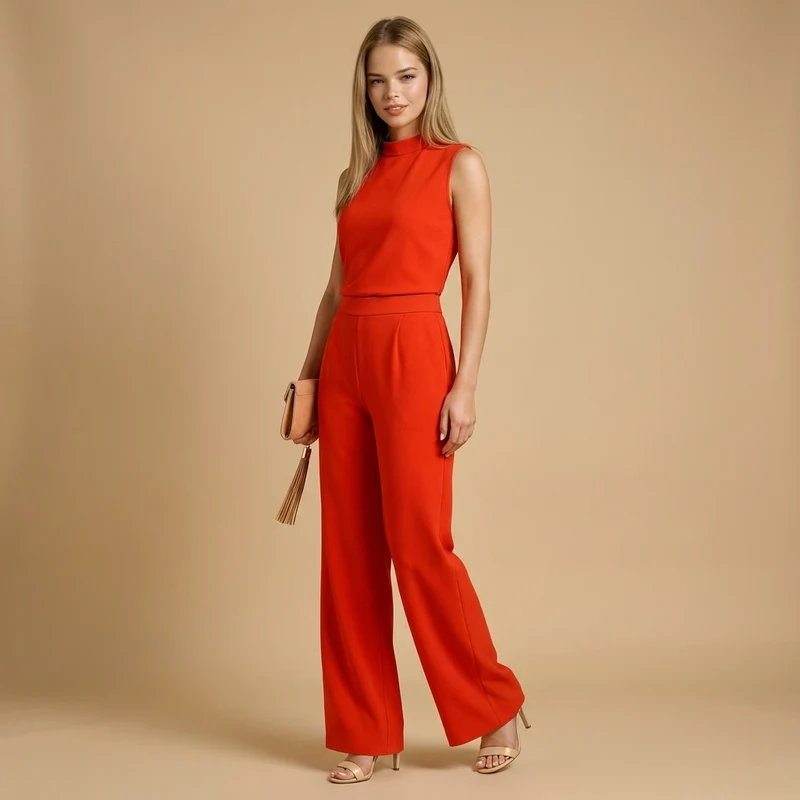 Damen Jumpsuit ärmellos mit Stehkragen und weitem Bein