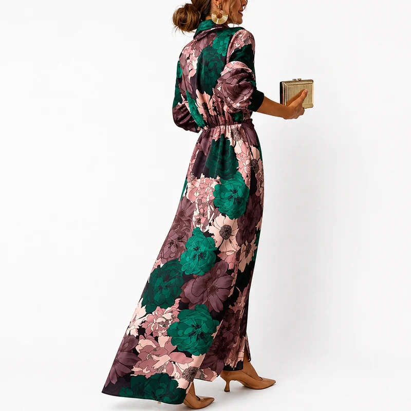 Damen Maxikleid mit Blumenmuster, Kragen und Bindegürtel