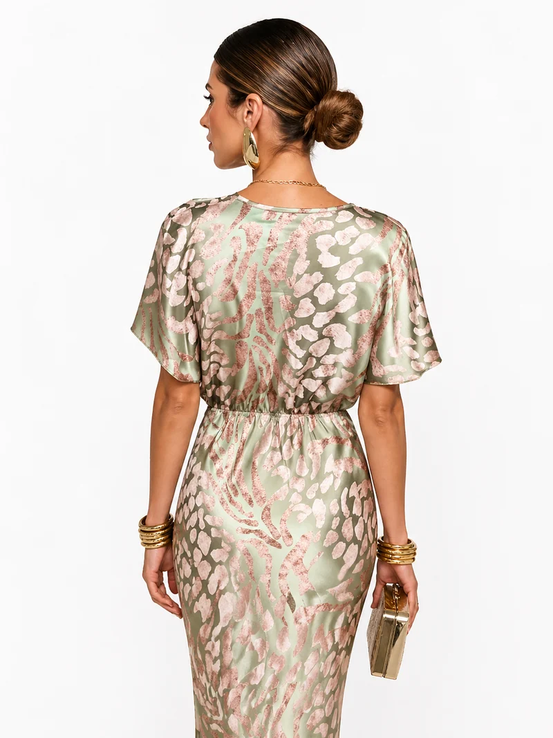 Damen Midikleid mit V-Ausschnitt, Kurzarm und Taillenknoten