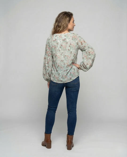 Damen V-Ausschnitt Bluse mit Blumenmuster und langen Ärmeln