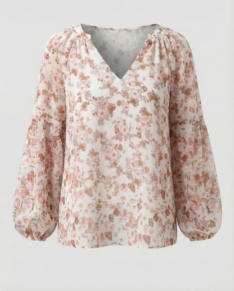 Damen V-Ausschnitt Bluse mit Blumenmuster und langen Ärmeln