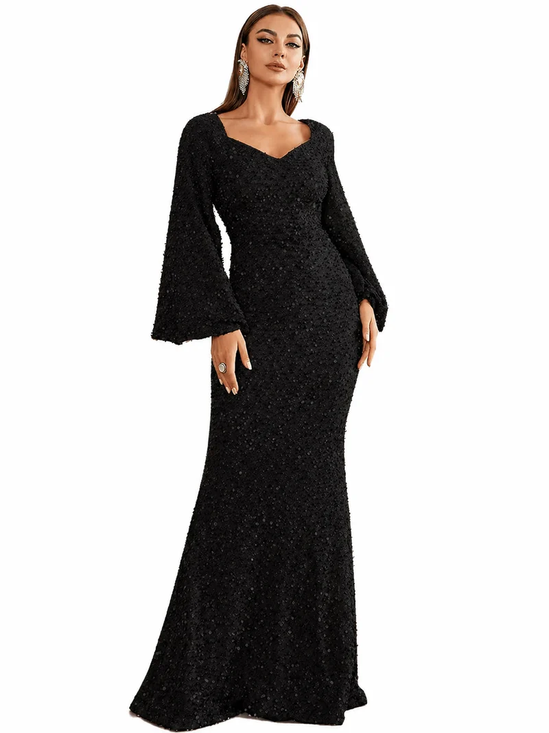 Damen Pailletten-Maxikleid mit V-Ausschnitt und Ausgestellten Ärmeln