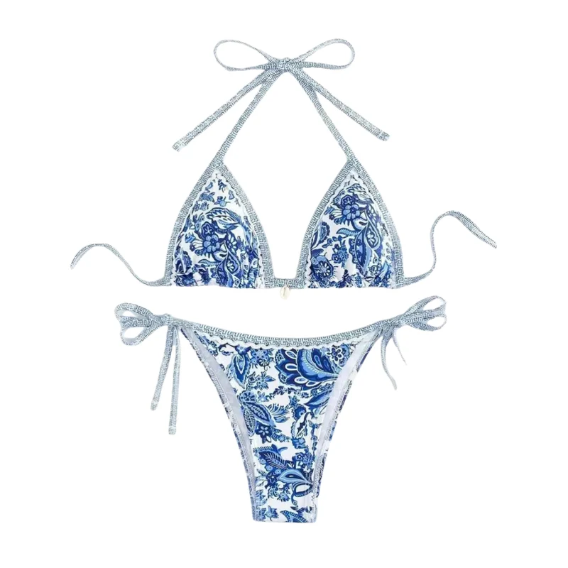 Bikini-Set mit Neckholder und Bindebändern im Print-Design