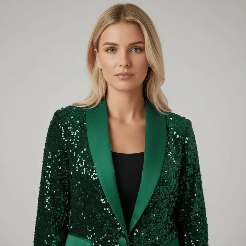 Damen Paillettenblazer mit Schalkragen und Ein-Knopf-Verschluss