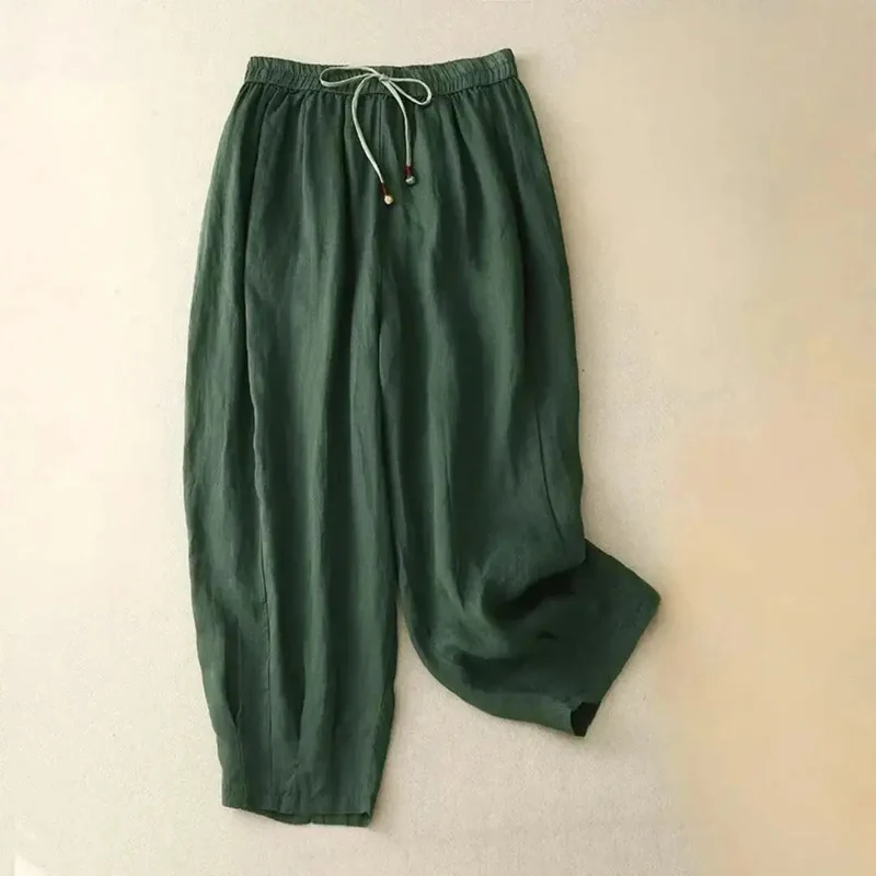 Damenhose mit hohem Bund, geradem Bein, Kordelzug und Seitentaschen