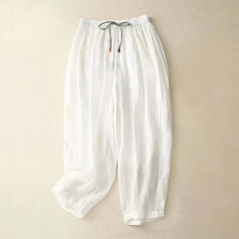 Damenhose mit hohem Bund, geradem Bein, Kordelzug und Seitentaschen