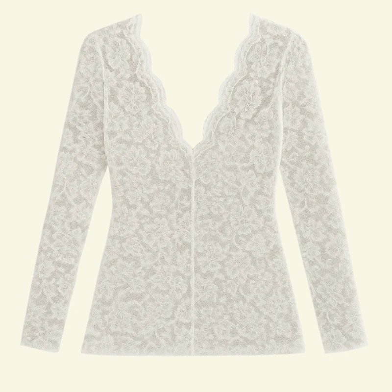 Damen Langarm Spitzenbluse mit V-Ausschnitt und gewellter Kante