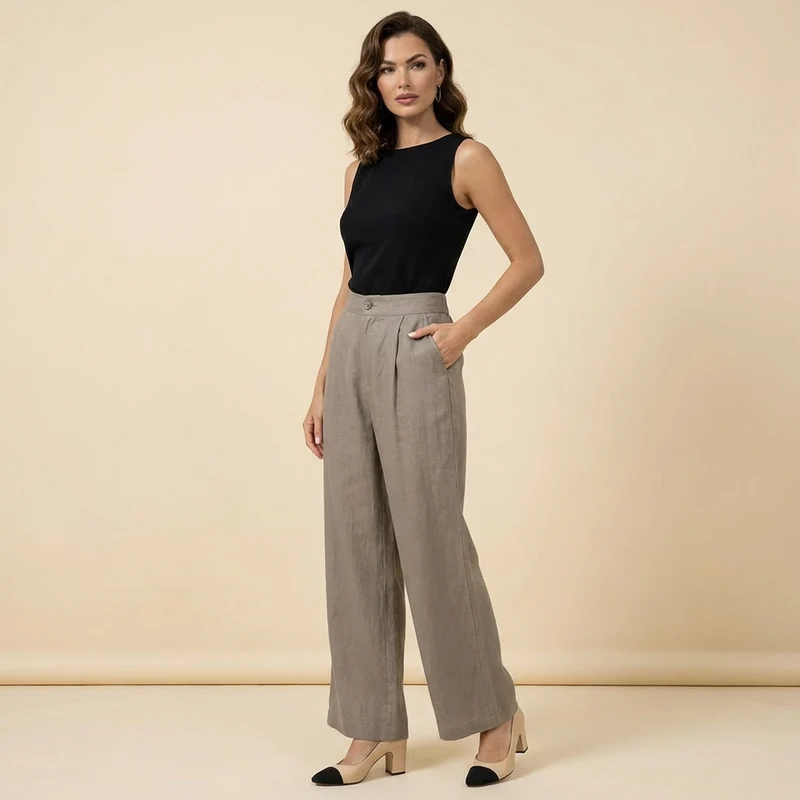 Damenhose mit hohem Bund, weitem Bein, Frontfalten und Seitentaschen