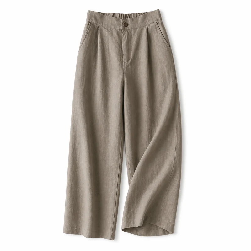 Damenhose mit hohem Bund, weitem Bein, Frontfalten und Seitentaschen