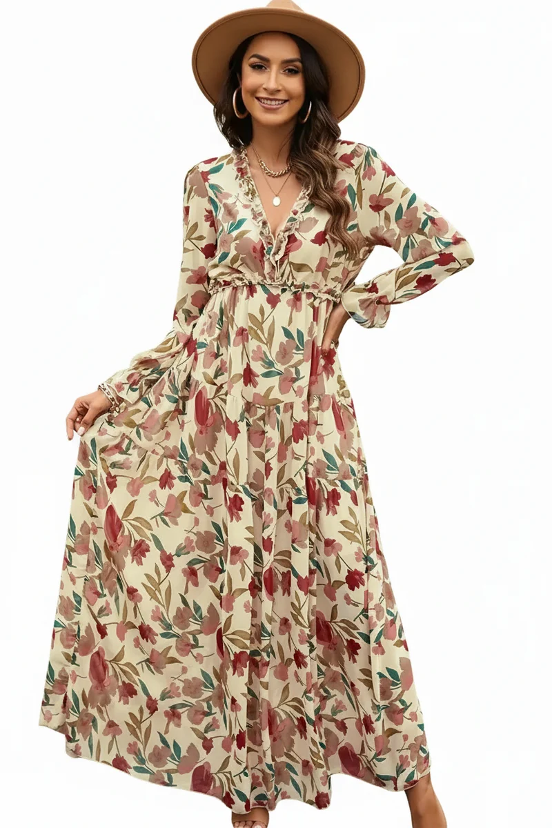 Damen Langarm Maxikleid mit V-Ausschnitt und gestuftem Rock mit Blumenmuster