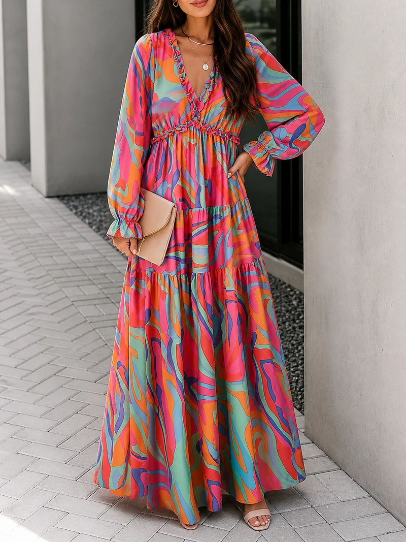 Damen Langarm Maxikleid mit V-Ausschnitt und gestuftem Rock mit Blumenmuster