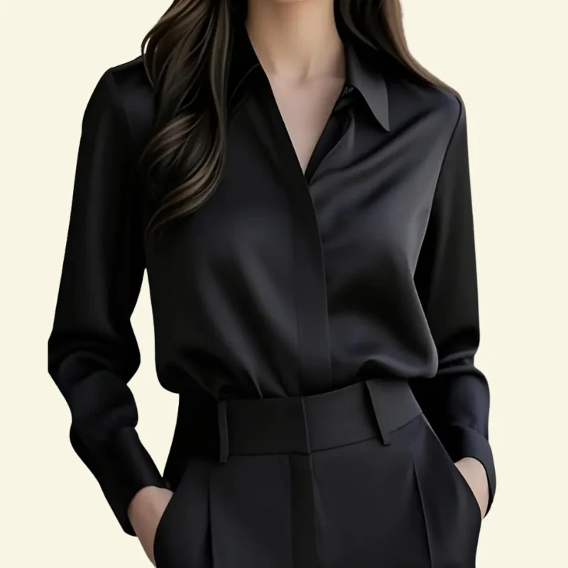 Damen Langarmbluse mit spitzem Kragen und verdeckter Knopfleiste