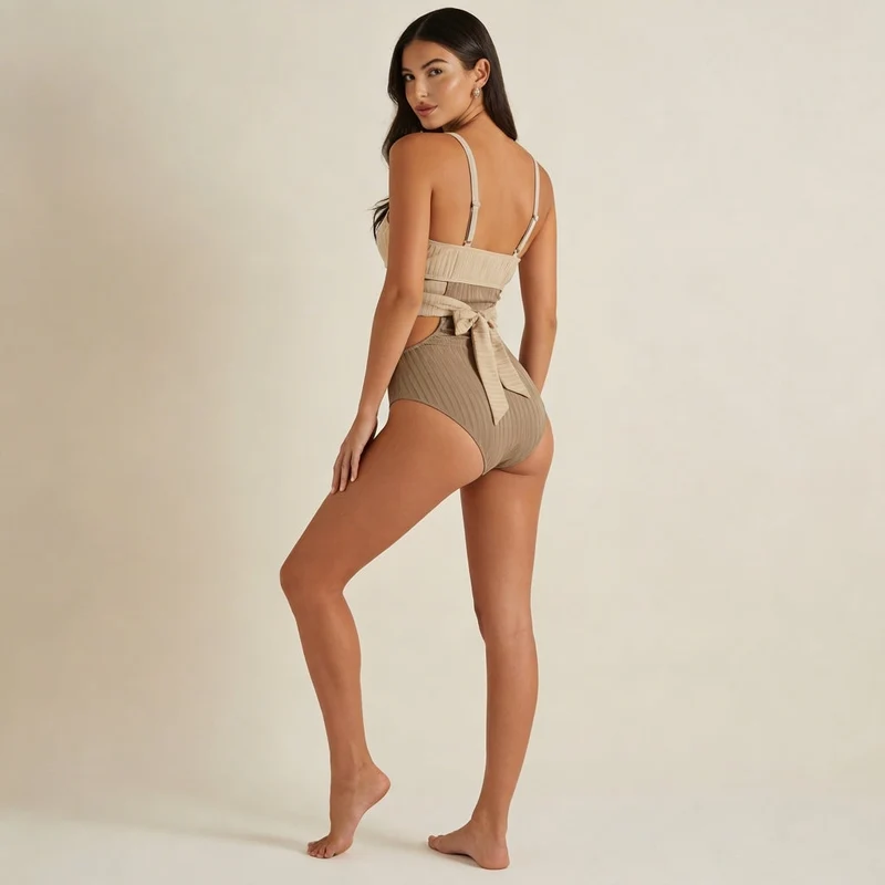 Damen-Badeanzug mit Rippenstruktur, Cut-Out-Details und Wickel-Taille
