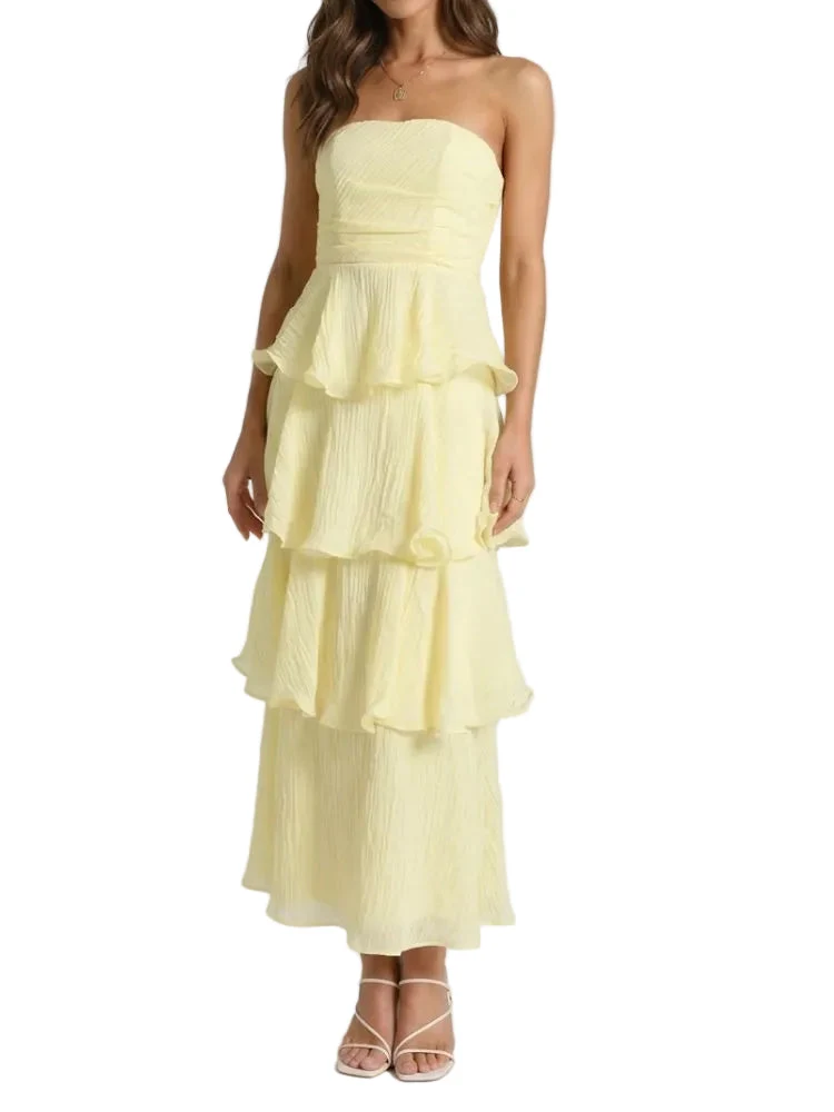Damen trägerloses Maxikleid mit gestuftem Rock und Rüschenlagen