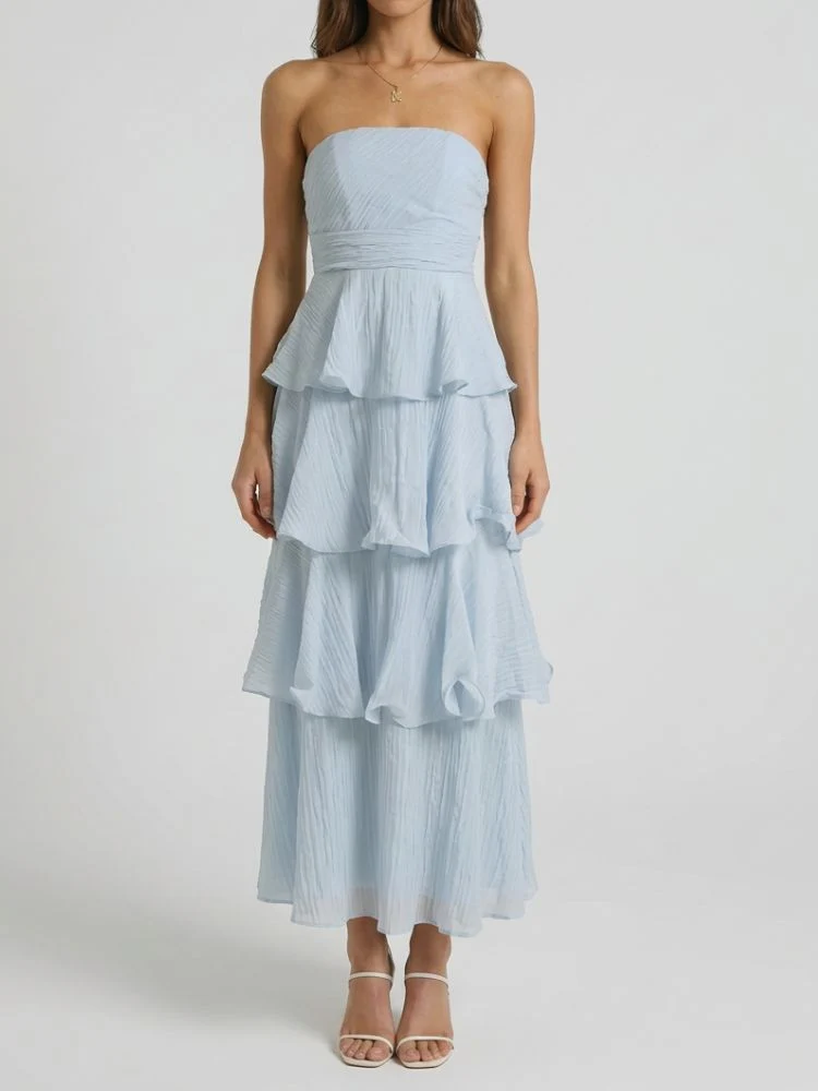 Damen trägerloses Maxikleid mit gestuftem Rock und Rüschenlagen