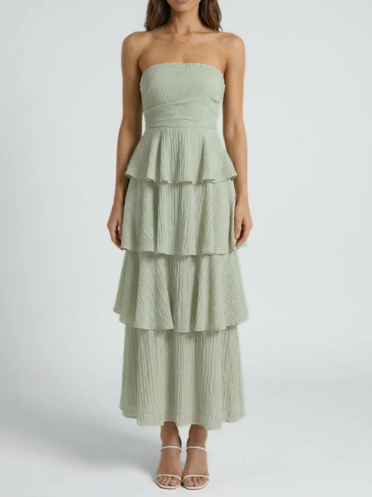 Damen trägerloses Maxikleid mit gestuftem Rock und Rüschenlagen