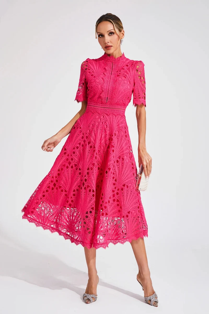 Damen Midikleid mit Spitzenstruktur und Stehkragen