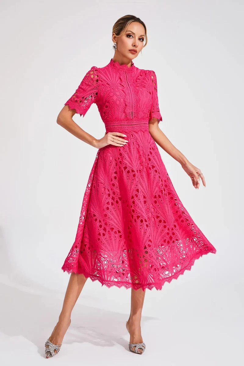 Damen Midikleid mit Spitzenstruktur und Stehkragen