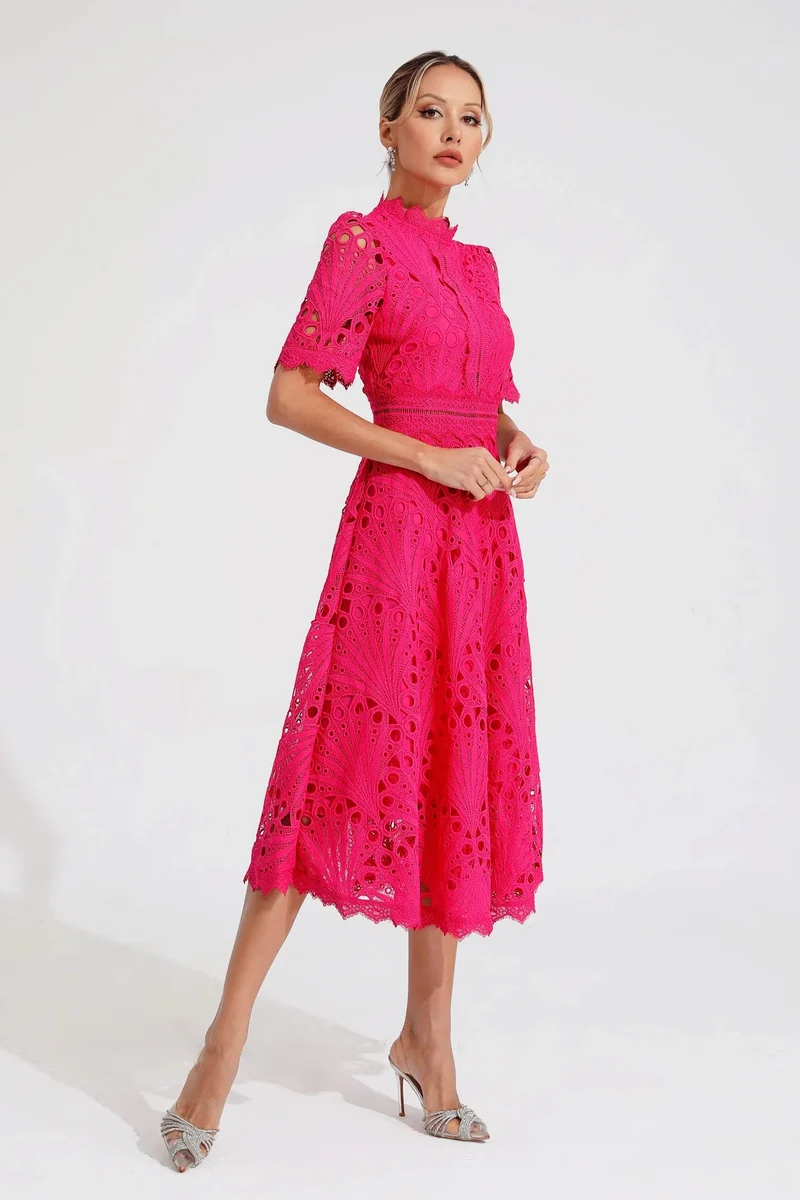 Damen Midikleid mit Spitzenstruktur und Stehkragen