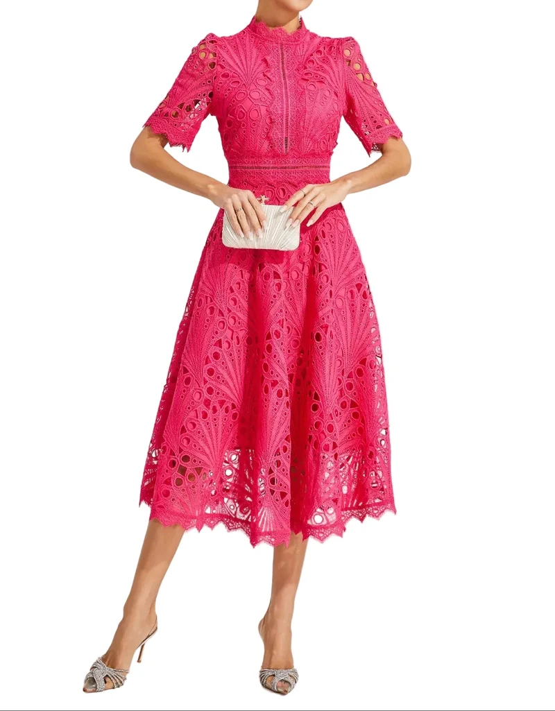 Damen Midikleid mit Spitzenstruktur und Stehkragen