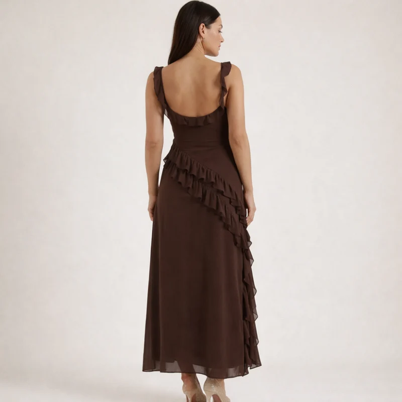 Damen Maxikleid mit Riemen und Rüschenbesatz