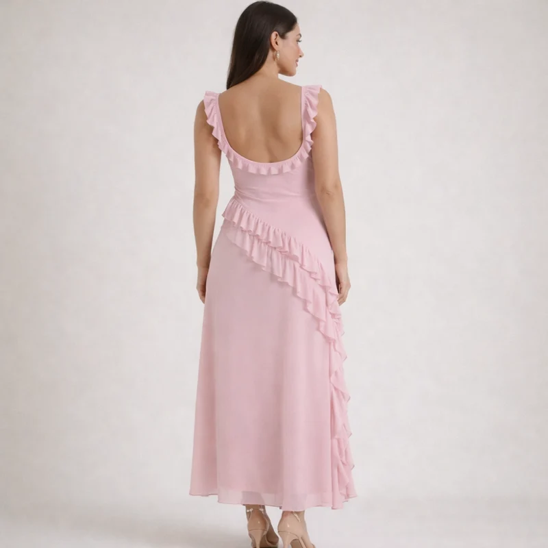 Damen Maxikleid mit Riemen und Rüschenbesatz