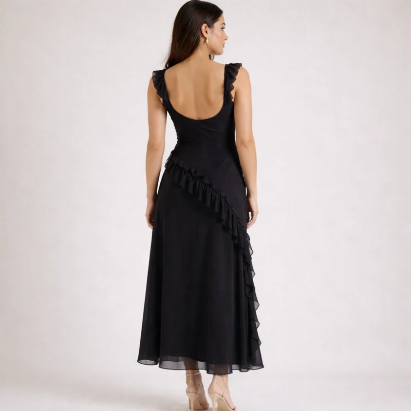 Damen Maxikleid mit Riemen und Rüschenbesatz