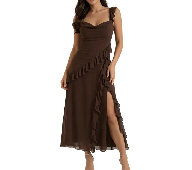 Damen Maxikleid mit Riemen und Rüschenbesatz