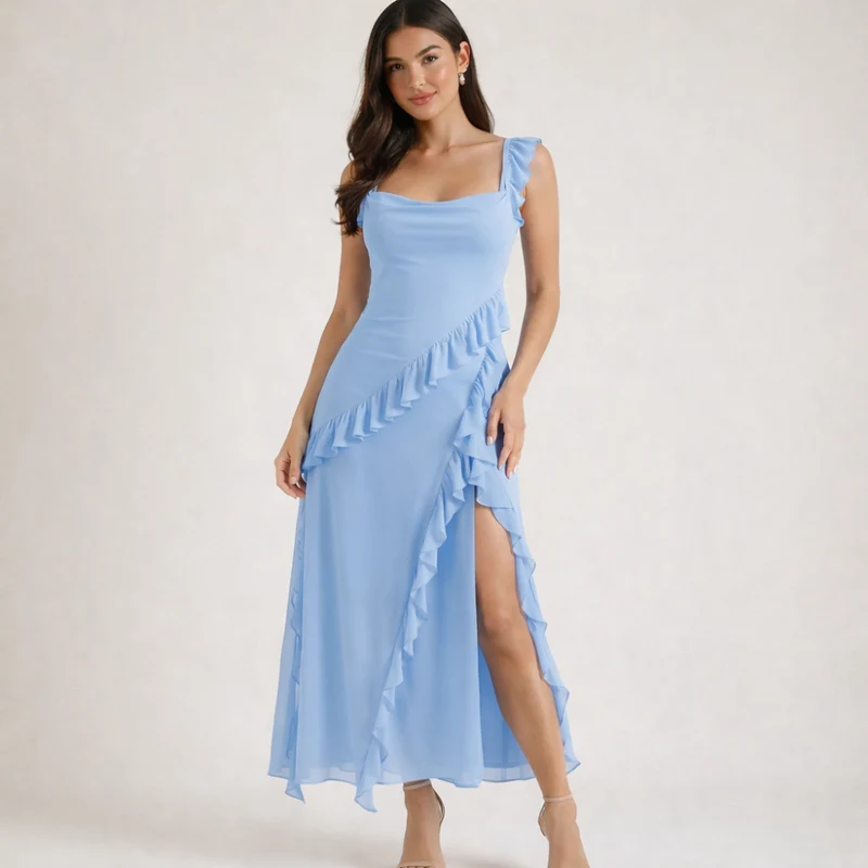 Damen Maxikleid mit Riemen und Rüschenbesatz