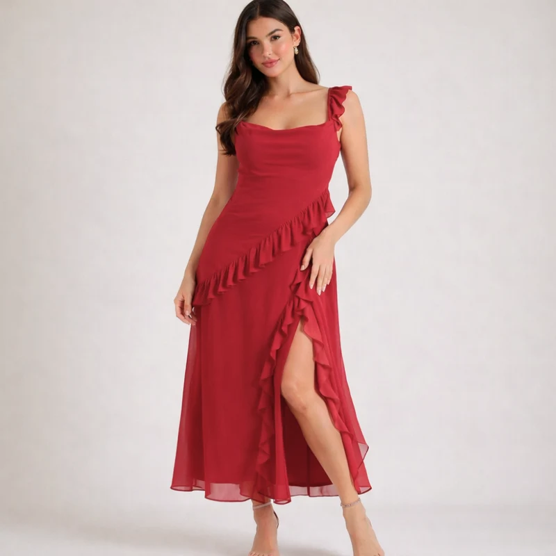 Damen Maxikleid mit Riemen und Rüschenbesatz